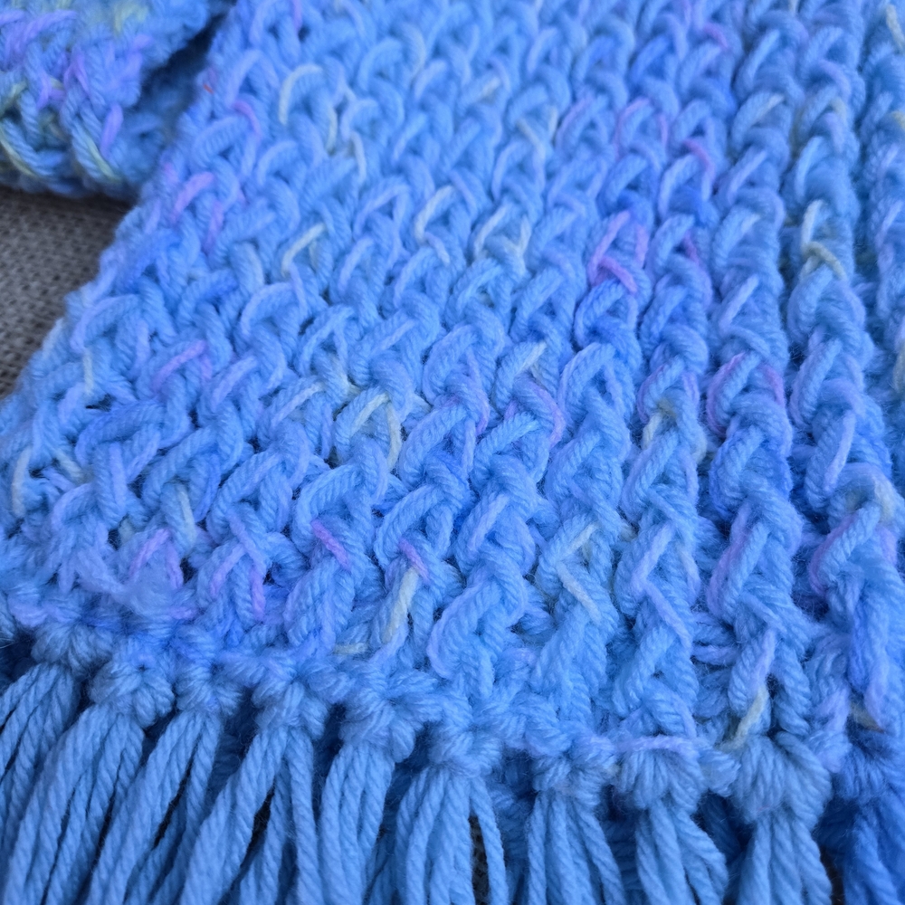 Handmade Blue Knit Scarf With Fringe